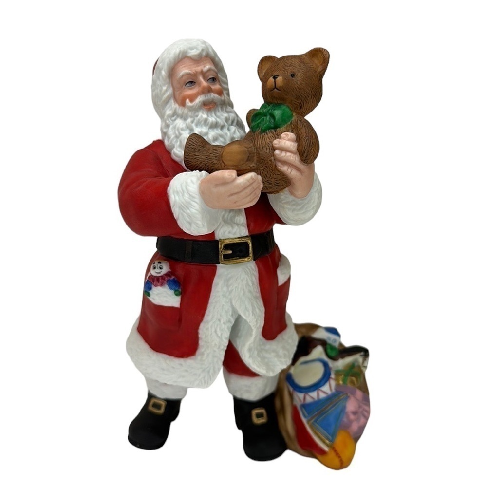 Lenox 1997 Santa Porcelain Sculpture Holding Teddy Bear Bag of‎ Toys by His Side